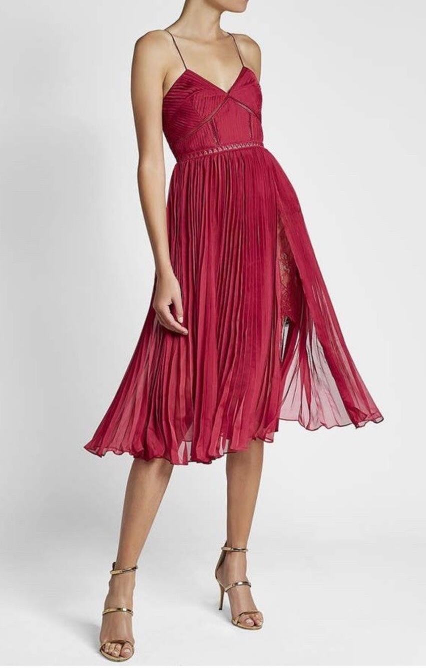 Self-Portrait Fuchsia Pink Pleated Chiffon Midi Dress US 6 Lace Trim